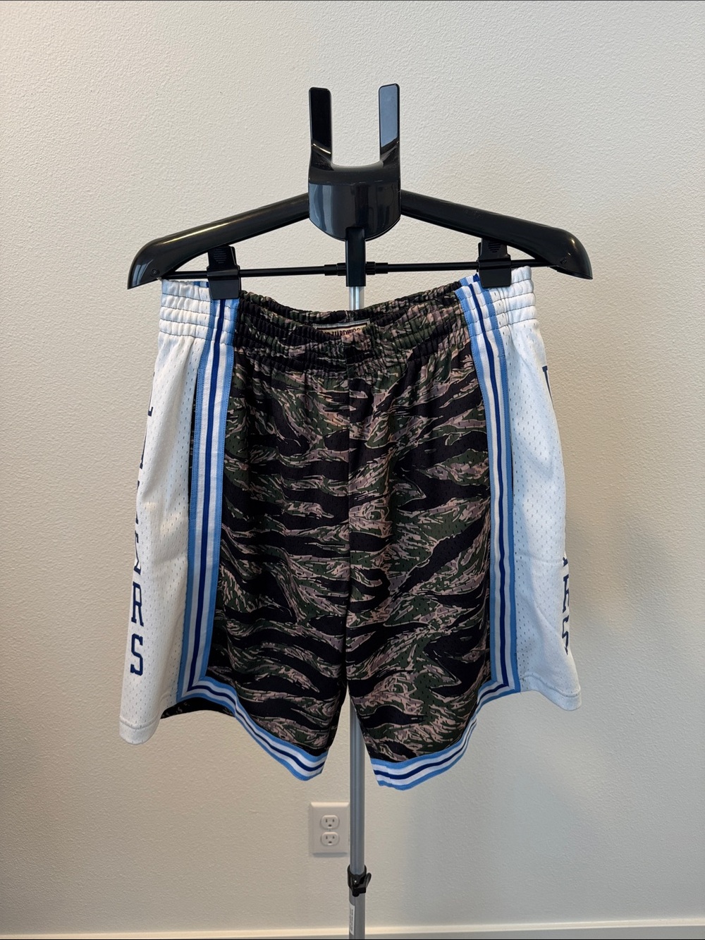 Mitchell & Ness Black and Green Camo Athletic Shorts with White Panels, size M